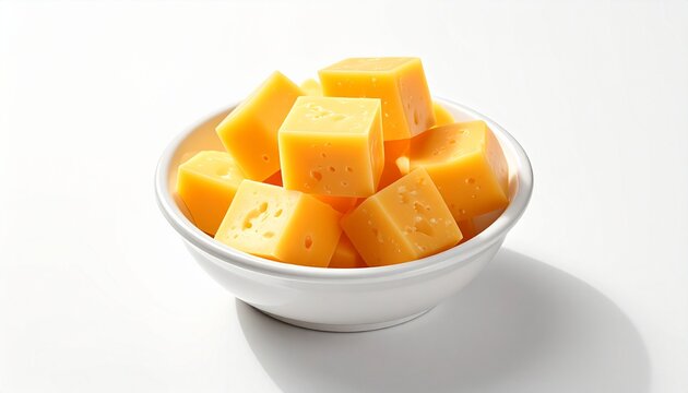 Realistic front-view bite-sized cheese cubes in small white bowl, white background, soft lighting, ultra realistic food photo.