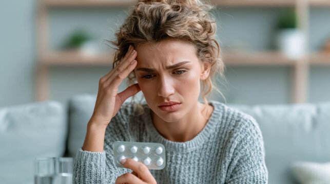Woman suffering from severe headache sitting on sofa while holding blister pack of pain relief tablets near temple, migraine treatment concept