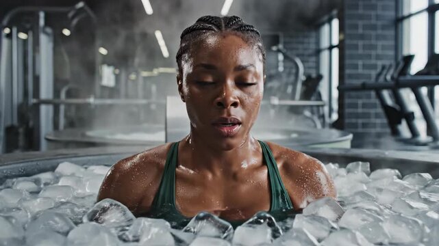 African american woman taking an ice bath in a gym. Athlete recovering in cold water therapy tub. Recovery concept for physical performance and health wellness.