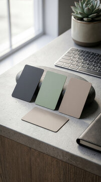 Cuatro tarjetas en blanco de varios colores sobre un escritorio de hormig&oacute;n con un teclado y una planta.