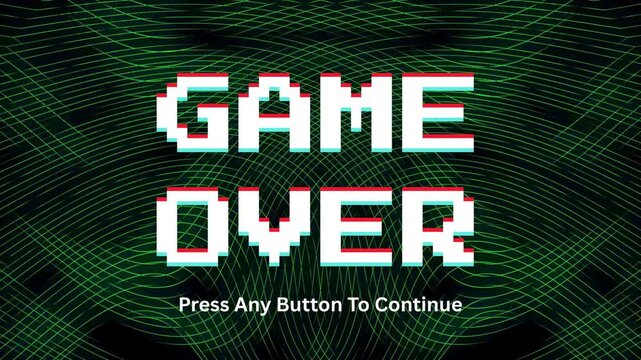 Glitchy Game Over Screen with Retro Digital Font and Abstract Green Background