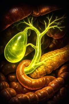 Gallbladder Anatomy: Human Digestive System Medical Illustration, Biliary Duct Physiology, Pancreas Organ Internal Biology, Science Gastroenterology Concept