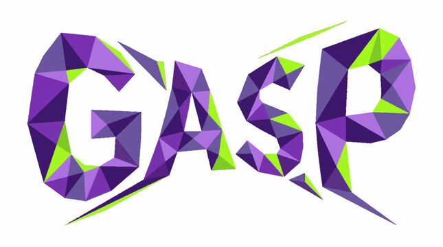 GASP word typography with geometric low poly triangular pattern in purple and lime green colors isolated on a white background