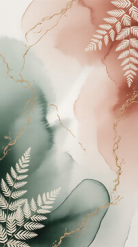 nb 195 gold lines intersect with large leaves and watercolor shapes