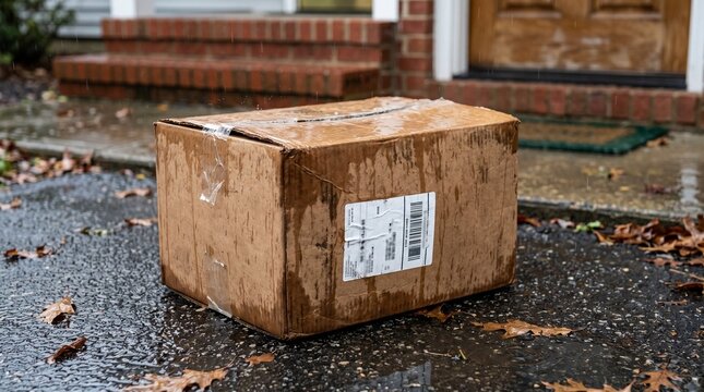 A wet cardboard box sits on a doorstep in the rain. The package is brown and appears to be soaked through, with some leaves scattered around it