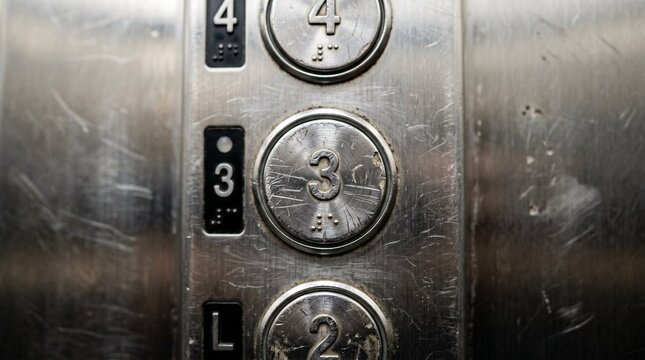 Close up of an elevator panel with buttons for floors 3, 4, and L. The buttons are made of metal and show signs of wear and tear