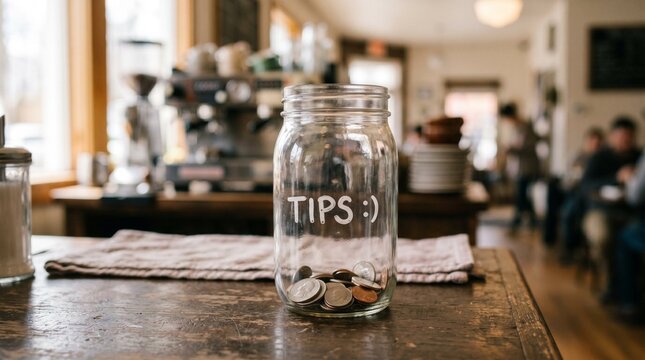 A jar labeled TIPS sits on a rustic wooden counter in a cozy cafe, with a few coins visible inside. The background shows a barista station and patrons enjoying their time