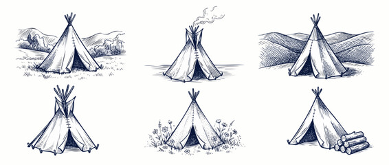 Teepee tent sketch hand drawn set with vintage engraving style wigwam illustrations in outdoor camping wilderness scenes with mountains, campfire smoke, and firewood logs for rustic native design. © Dinali