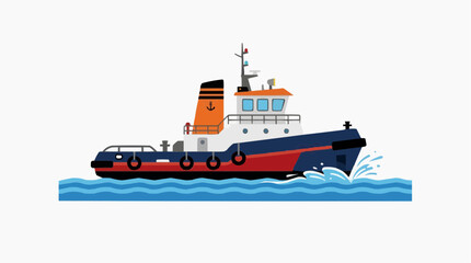 Fototapeta premium Heavy industrial tugboat leaving a small water trail on a white background, highlighting strength, marine engineering, and maritime transport.