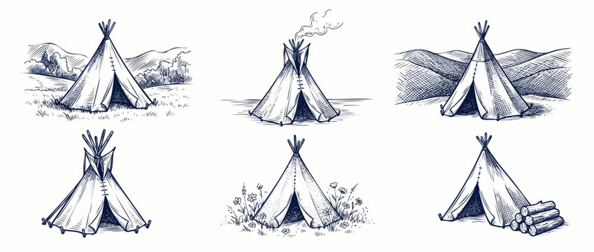 Teepee tent sketch hand drawn set with vintage engraving style wigwam illustrations in outdoor camping wilderness scenes with mountains, campfire smoke, and firewood logs for rustic native design.