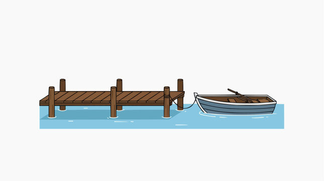 Small dinghy boat anchored to a wooden dock on a white background, highlighting nautical simplicity and minimalist style.