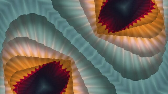High-tech 4K seamless loop featuring a mirrored organic tunnel with pleated textures. Vibrant contrast of deep burgundy and turquoise for modern presentations and digital art installs