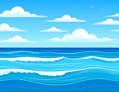 Cartoon-style illustration of a sunny day at the ocean. Gentle waves roll, and fluffy white clouds drift across a blue sky with some birds