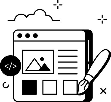 Web browser window with paintbrush and coding icon for creative interface development vector illustration