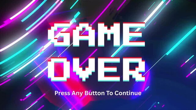 Game Over Screen With Glitch Effect And Neon Streaks, Press Any Button To Continue