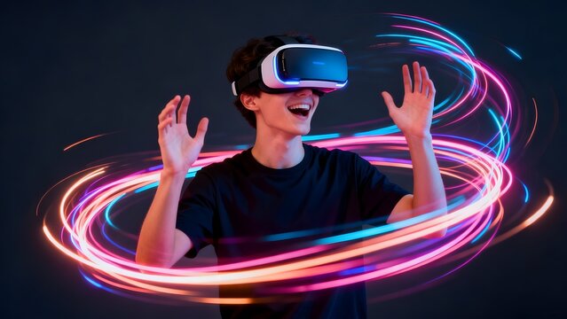 Young man using VR headset with colorful light trails
