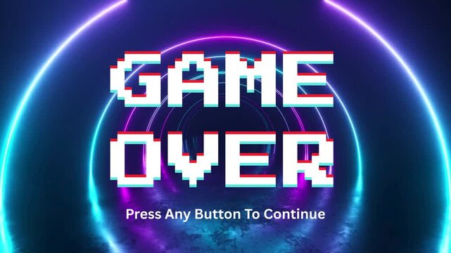 Pixelated Game Over Screen with Neon Lights and Retro Gaming Vibes