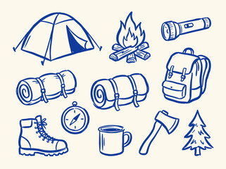 Hand drawn camping icons set, blue ink doodle outdoor adventure elements, rustic wilderness equipment vector illustrations for hiking and travel © Saad Hassan