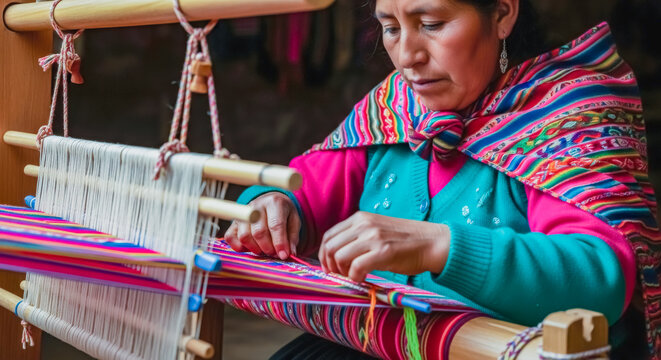 peruvian woman in traditional colorful clothing weaving textile on a wooden loom, andean craft, indigenous artisan at work