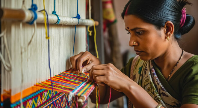 indian woman in saree weaving colorful geometric patterned textile on a traditional loom, focused craftswoman, india handloom heritage