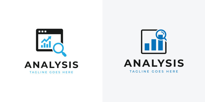 Vector icons of data analysis and graph with magnifying glass on screen. Vector illustration.