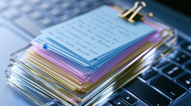 Layered pastel sticky notes displaying crisp handwritten priorities with miniature metal clips resting on acrylic glass ultrashallow focus highlighting texture against a diffused