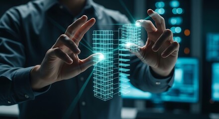 Fototapeta premium man interacting with futuristic digital interface in dark room