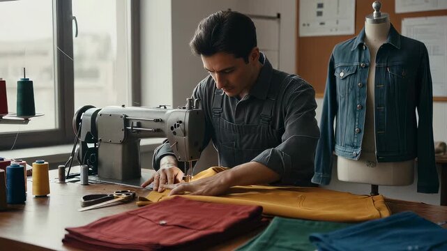 Tailor working with sewing machine in workshop. Man stitching yellow fabric at table to create garment. Studio craftsmanship for clothes production and fashion.
