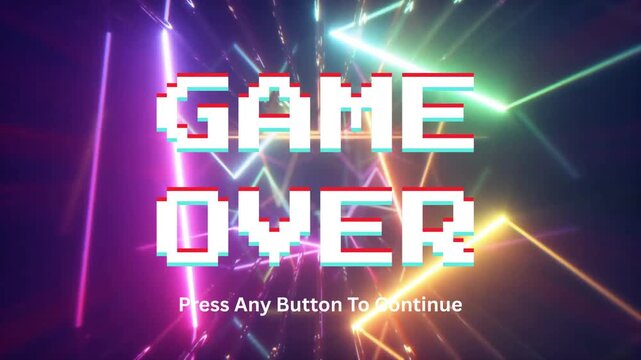 Game Over screen with retro pixelated font and colorful neon lights background