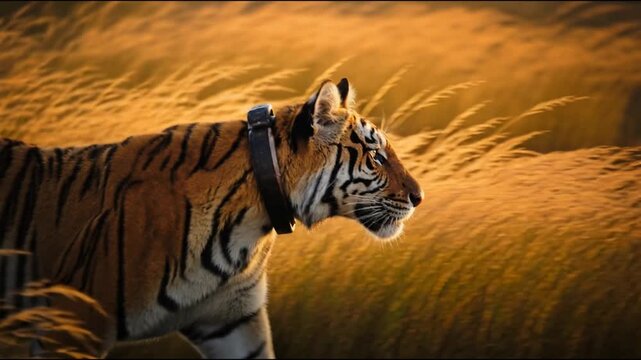 A majestic tiger with a tracking collar prowls through tall golden savanna grass, showcasing the power of wildlife conservation and research efforts in the heart of its natural wild habitat.