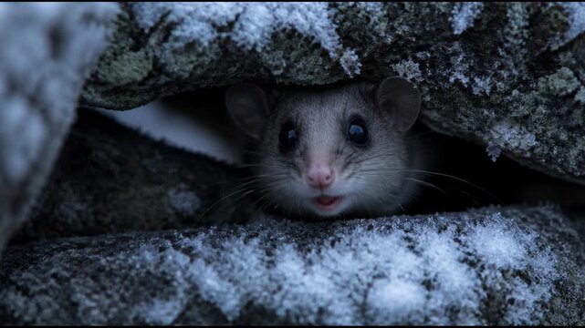 A tiny dormouse with large curious eyes peers out from a crevice between snow covered logs in a winter forest, showcasing its delicate features and the beauty of small wildlife in nature.