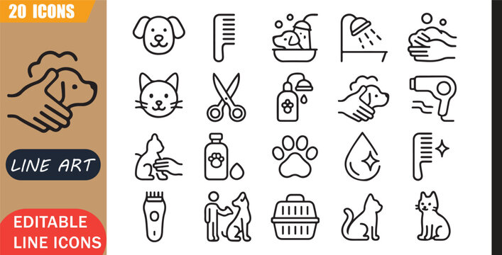 Isolated Pet Grooming Hygiene Icons Set, 20 editable line art icons set, animal salon, pet cleaning, dog cat grooming, hygiene care, wellness service, outline vector, simple outline signs