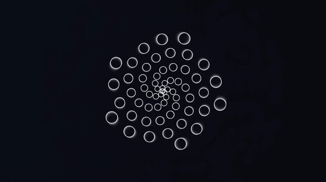 Abstract geometric pattern with white dots on dark background forming circular shape