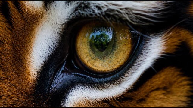 A hyper detailed close up of a tigers amber eye where the pupil subtly dilates. This extreme macro shot captures the intricate iris and a clear reflection of the lush jungle trees and sky.