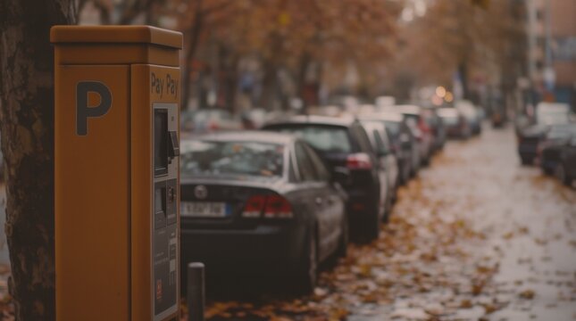 秋の街角、駐車メーターと車の並ぶ風景