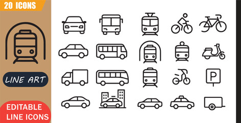Isolated Land Transport Vehicle Icons Set, 20 editable line art icons set, car bus train, road travel, commuting transport, mobility service, vehicle journey, outline vector, simple outline signs © MD.Kawsar Hossan