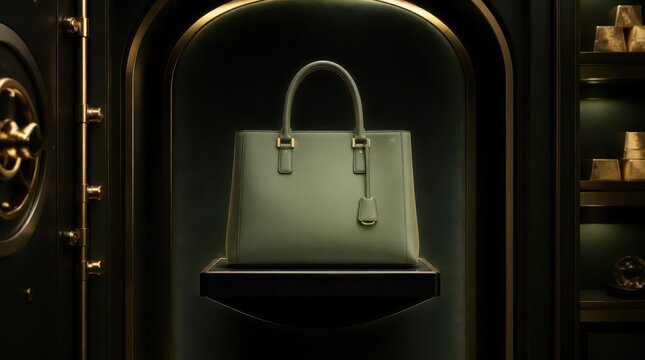 Elegant sage green handbag displayed inside a luxurious velvet lined display vault with cinematic lighting, a sophisticated composition for premium high fashion retail marketing and luxury branding.