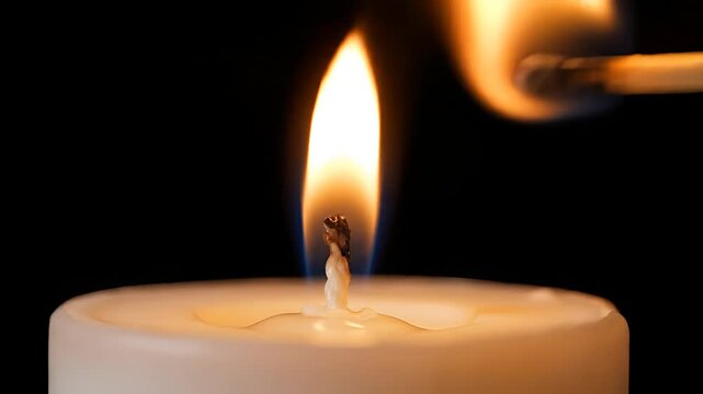Closeup of a match igniting a candle flame in darkness.