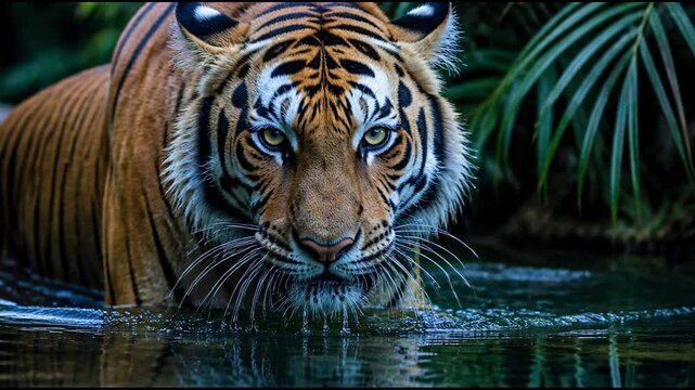 A majestic tiger stands motionless in a dark tranquil stream with its orange fur glistening in the dim light, capturing the intense gaze and raw power of this apex predator in the jungle.