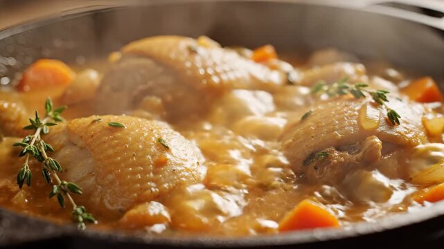 Delicious Coq au Vin Stew with Chicken and Vegetables.