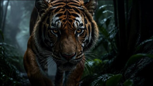 A majestic tiger stalks forward through a rain drenched misty jungle with an intense gaze, its wet fur and sharp stripes visible as it prowls through the dark tropical forest floor in the wild.