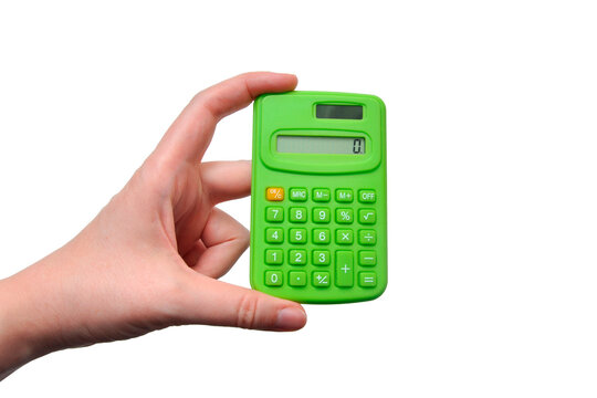 Hand Holding Green Calculator Isolated on White Background