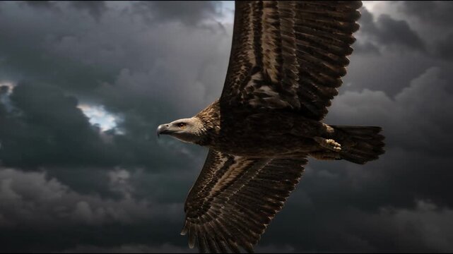 A majestic vulture soars through a turbulent dark sky with its expansive wings gently catching the wind as it glides gracefully through dramatic storm clouds during a cinematic sunset.