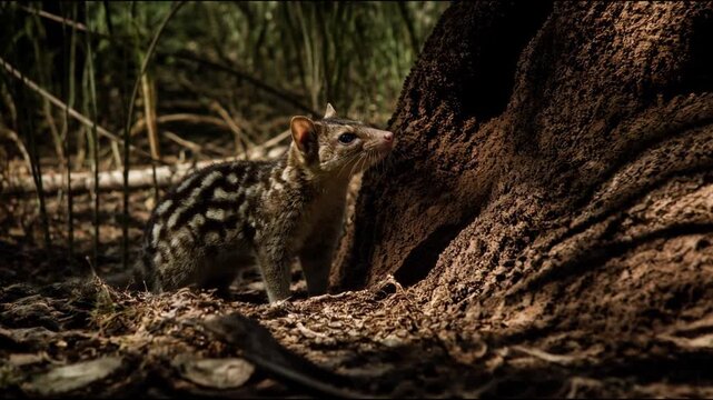 A spotted quoll stands alert beside a weathered tree trunk with its whiskers twitching in a forest setting, showcasing the rare and beautiful Australian marsupial in its natural habitat.