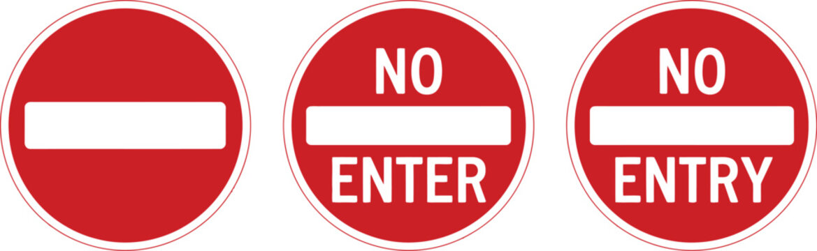 No entry, sign set vector, red circular restricted access and traffic stop symbols for safety and warning signage design.