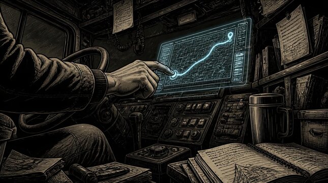 A cinematic wide view inside a cluttered cabin of a driver tapping a digital map display screen, showcasing an advanced navigation interface within a busy workspace for professional logistics transpor