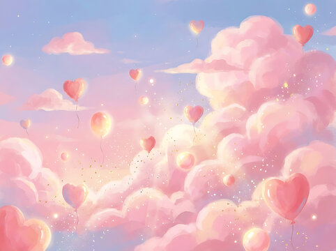 Pink heart shaped balloons floating among fluffy clouds dreamy pastel illustration