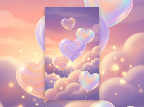 Heart shaped balloons floating amongst pastel clouds dreamy illustration
