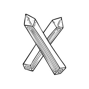 Hand drawn illustration of two crossed wooden planks symbolizing a cross or an X mark