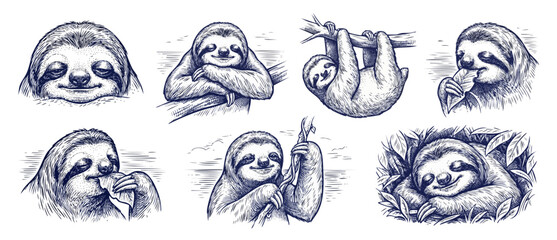 Fototapeta premium Sloth hand drawn illustration set of cute sloths climbing, hanging on branches, sleeping, and eating leaves in vintage blue ink engraving style; isolated graphic design element bundle.